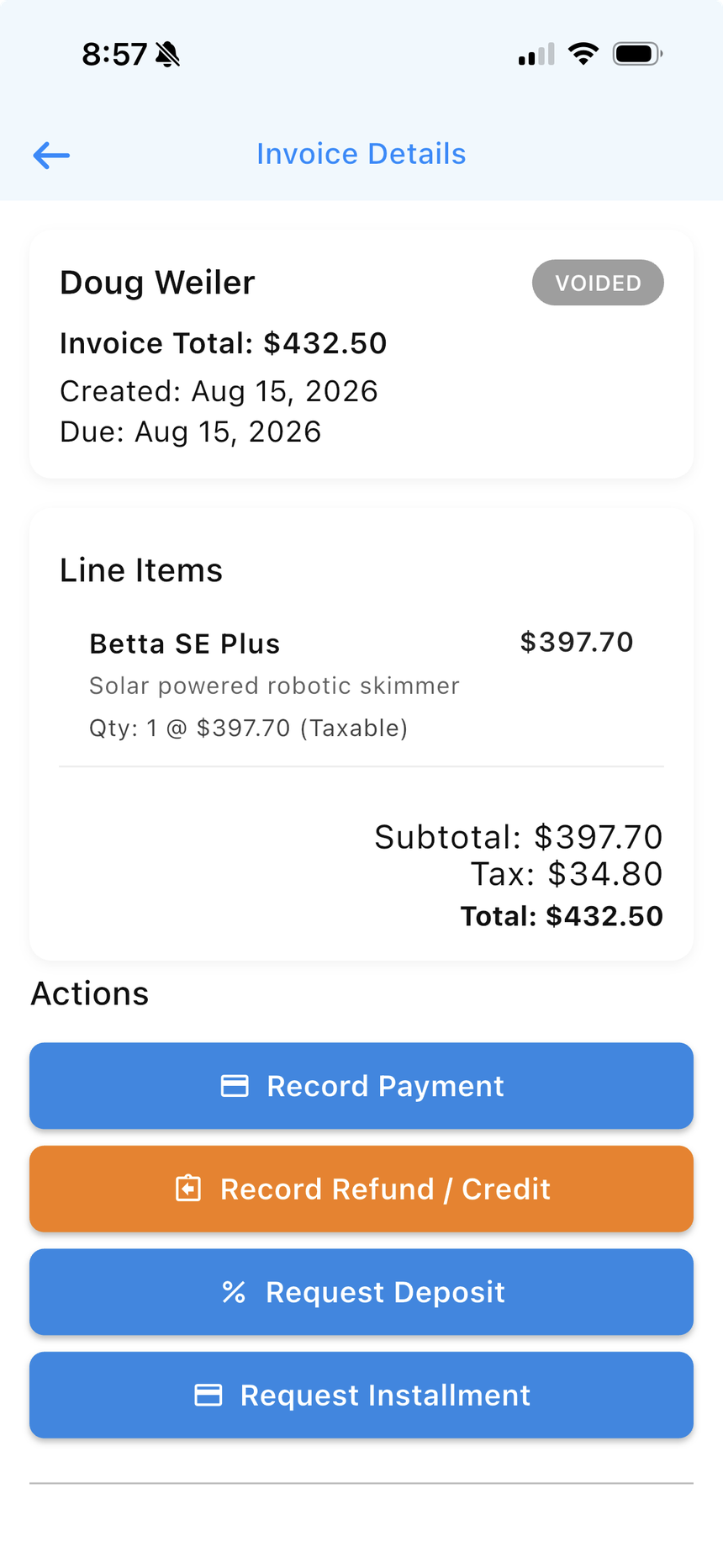 Pooli Pro invoice details with record payment, refund or credit, request deposit, and request installment