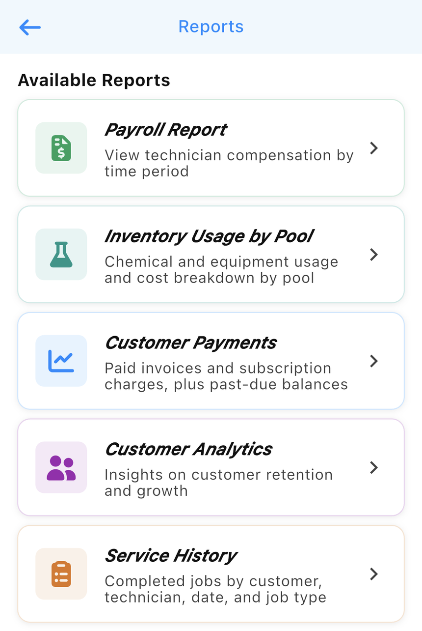 Pooli Pro reports list: payroll, inventory usage by pool, customer payments, customer analytics, and service history