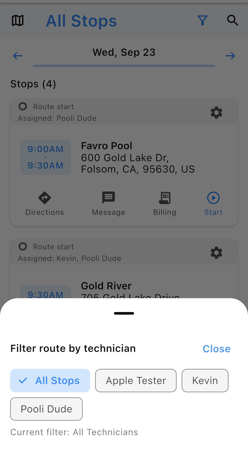 Pooli Pro All Stops with a filter for technician, including All Stops, Apple Tester, Kevin, and Pooli Dude