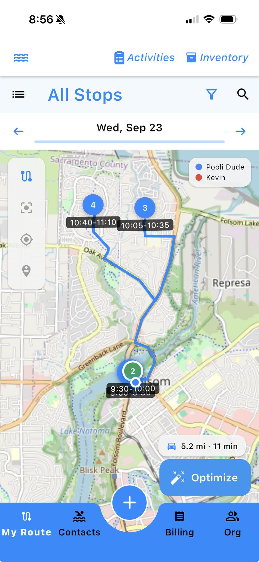 Pooli Pro My Route map with stop times and the Optimize button