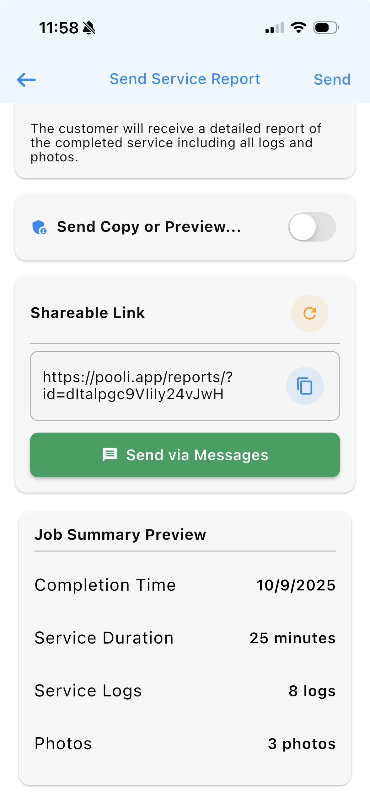 Send Service Report with a shareable customer link, Send via Messages, and a job summary