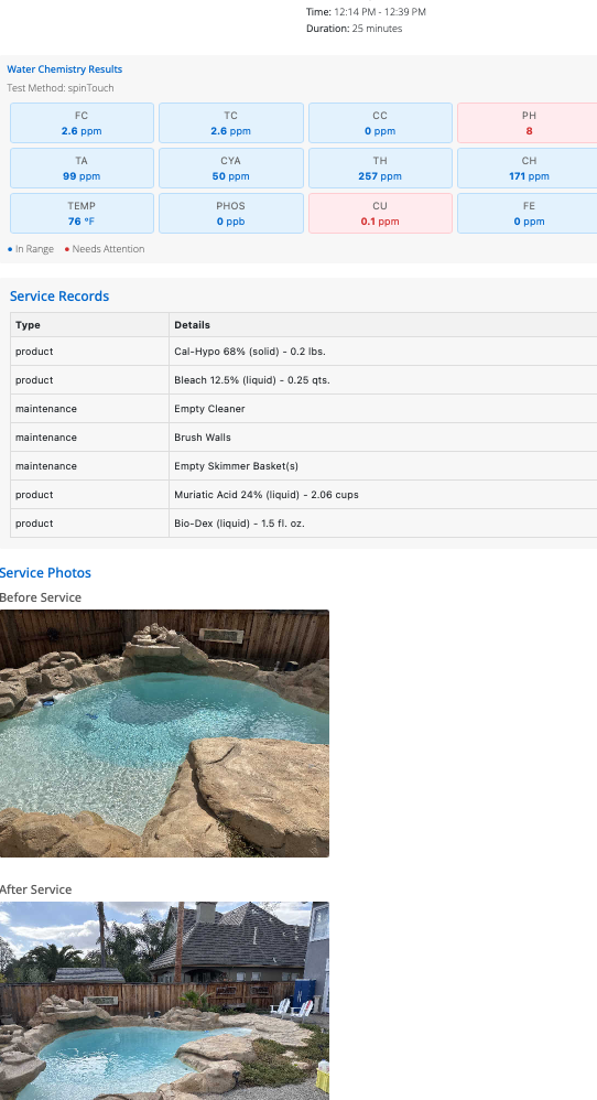 Customer service report with water chemistry results, products used, and maintenance logged on the stop