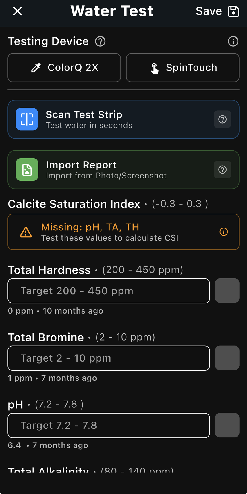 Pooli Pro water test with ColorQ 2X, SpinTouch, test strip scan, report import, and calcite saturation index