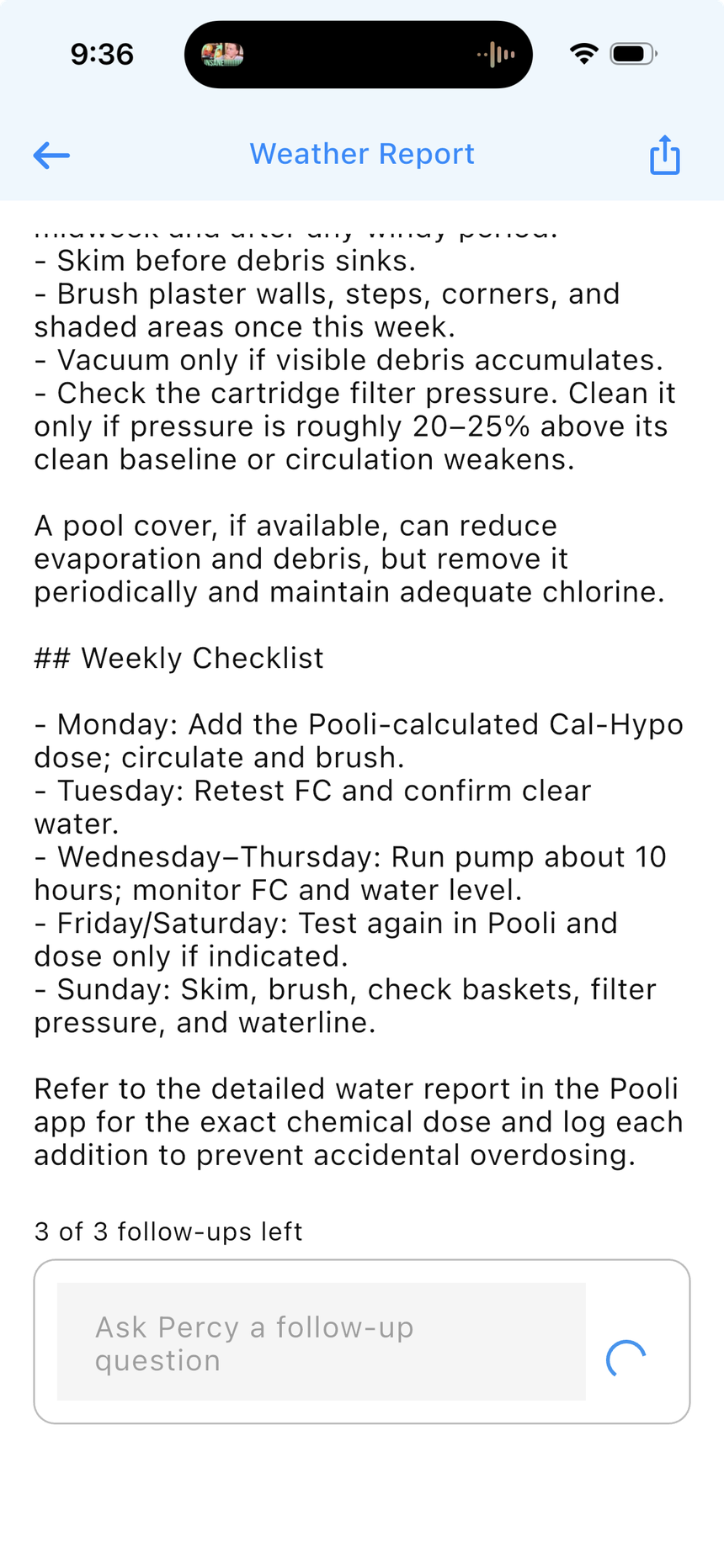 Pooli Pro weather report with a weekly checklist and a follow-up question for Percy