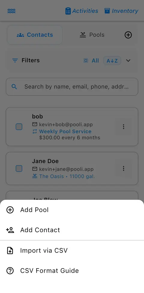 Plus menu on the Contacts tab with Add Pool, Add Contact, Import via CSV, and CSV Format Guide