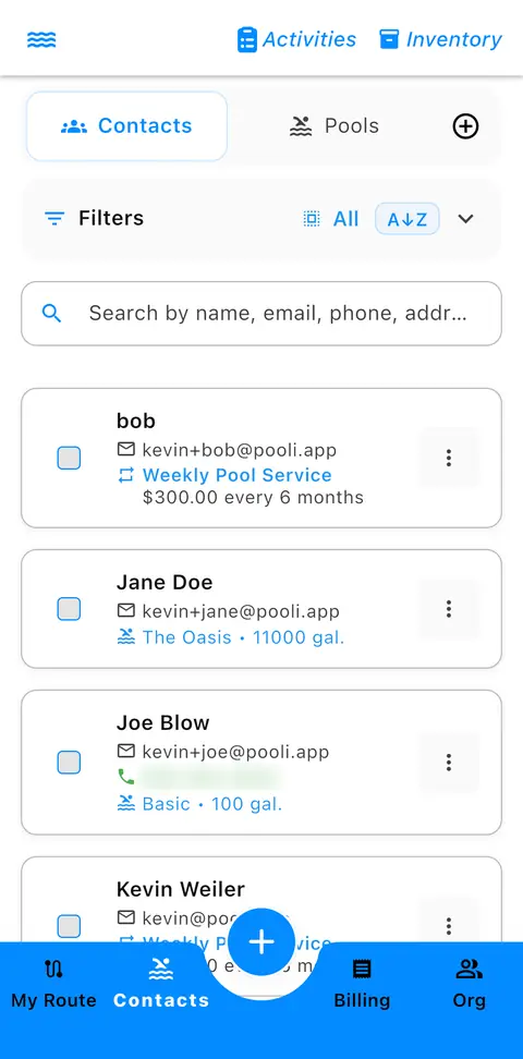Contacts tab with the Contacts and Pools switch, Filters, A to Z, search, and contact cards for bob, Jane Doe, and Joe Blow