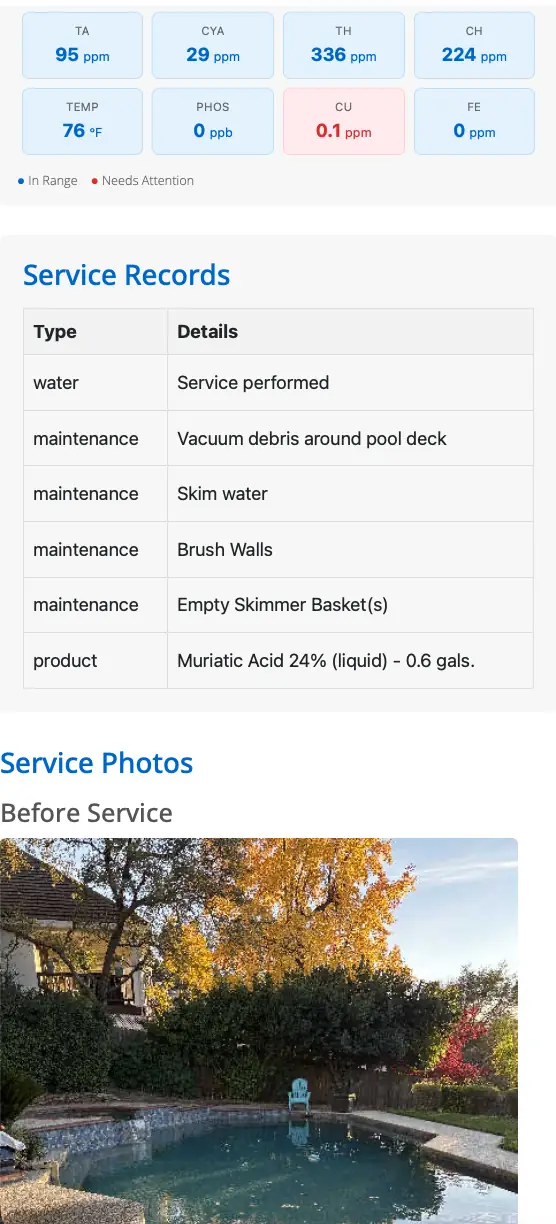 Customer service report with chemistry results, service records, and a before-service photo, opened with no login