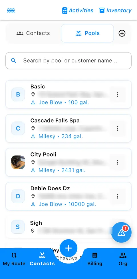 Pools side of the Contacts tab, with search and pool cards whose blue text is the owning contact