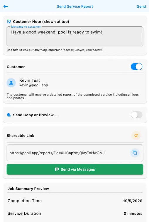 Send Service Report with a customer note for Kevin Test, the customer email switch, Send Copy or Preview, a shareable link with copy, and Send via Messages